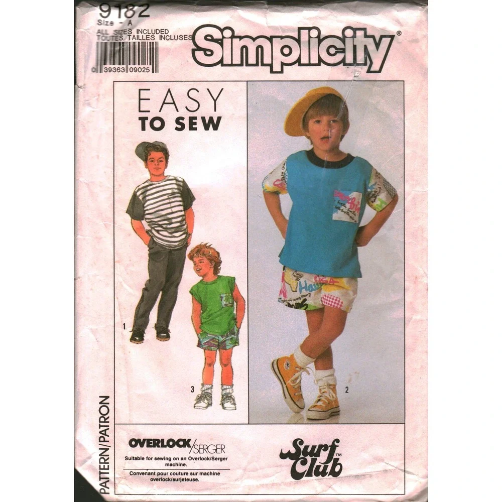 Vintage 1989‎ Simplicity 9182 Kids Surf Club Pattern Top Pants Shorts S M L